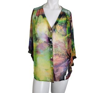 Fig & Flower XL blouse sheer button front patchwork lace sheer tunic hi-low